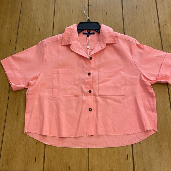 Shore Women’s Coral Button-Up Cropped Short Sleeve Shirt Linen Viscose NEW small - Picture 3 of 12